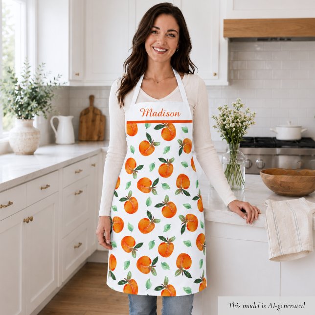 Peach Pattern Apron (elegant cute whimsical orange peach apron with custom monogram name)