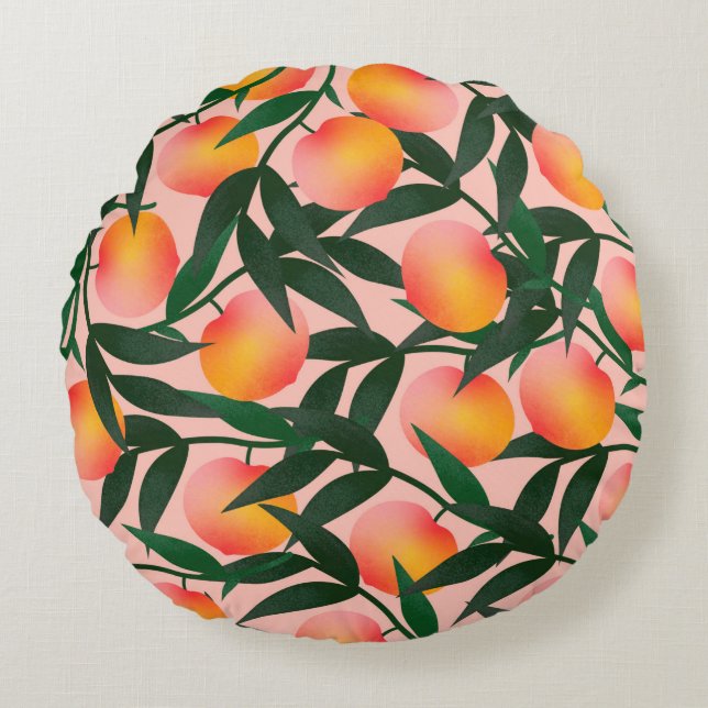 Peach pattern on pink background. Hand drawn fruit Round Cushion (Front)