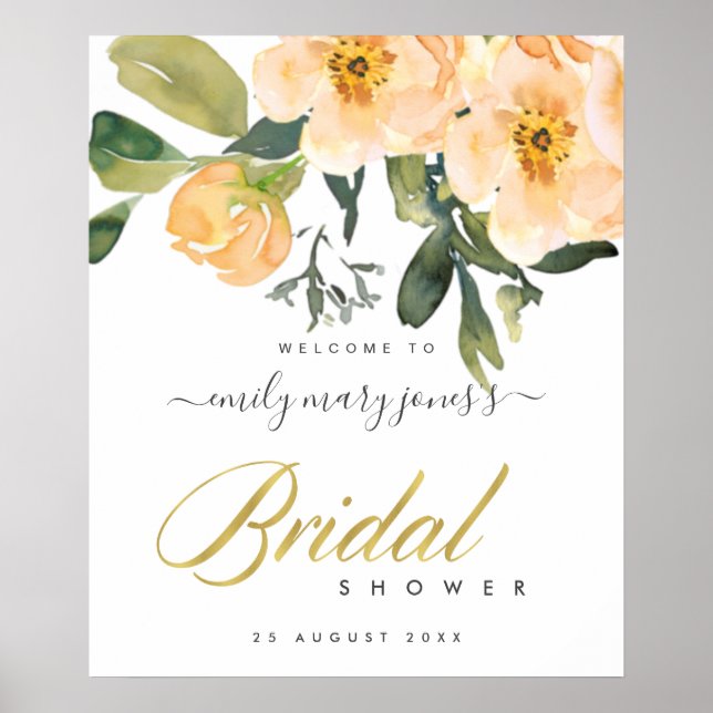 PEACH PEON FLORAL WATERCOLOR BRIDAL SHOWER WELCOME POSTER (Front)