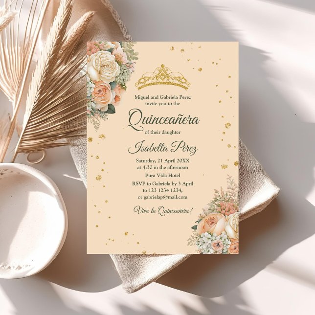 Peach Peonies and Glitter Tiara Quinceanera Invitation (Peach Peonies and Glitter Tiara Quinceanera Invitation on a table with neutral boho decoration.)