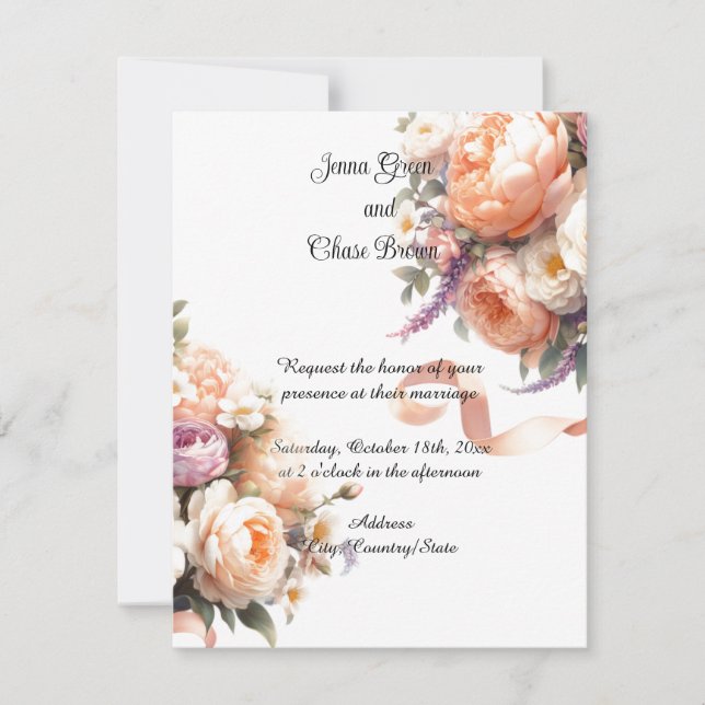 Peach Peonies and Roses Wedding Invitation (Front)