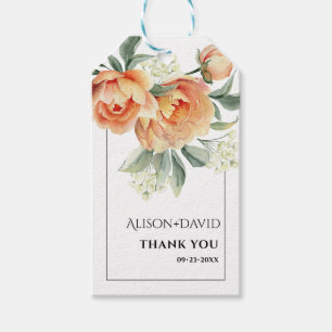 Peach peonies and white flowers typography wedding gift tags
