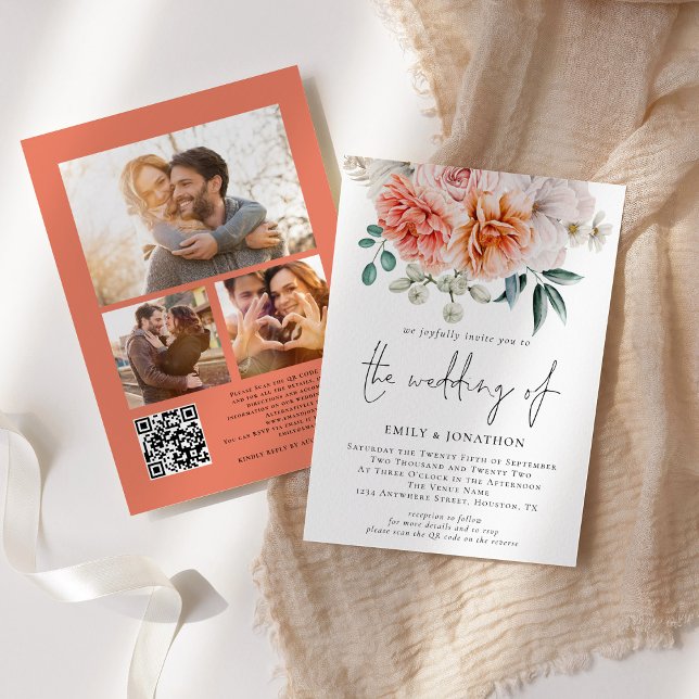 Peach Peonies Florals 3 Photos QR Code Wedding Invitation (Front and back view)