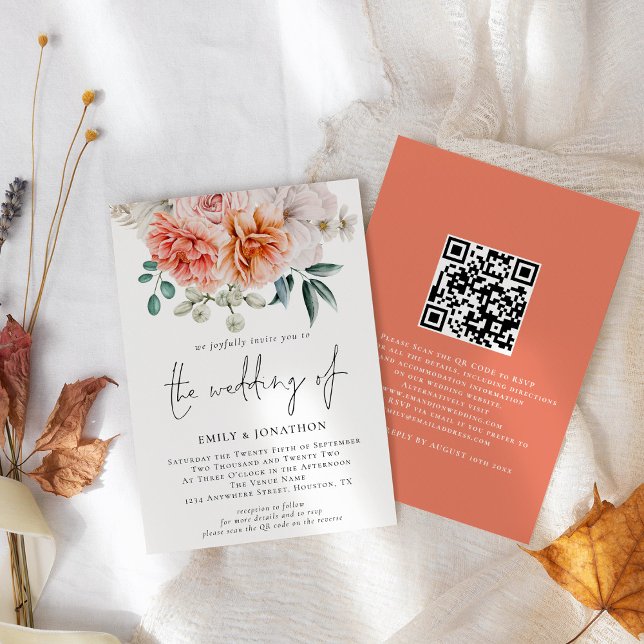 Peach Peonies Florals QR Code Wedding  Invitation (Front and back view)