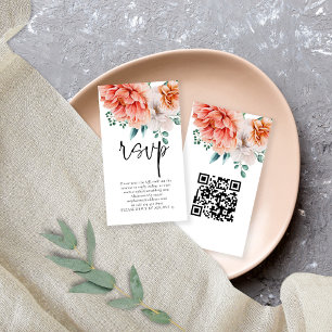 Peach Peonies Florals Script QR Code Wedding RSVP Enclosure Card