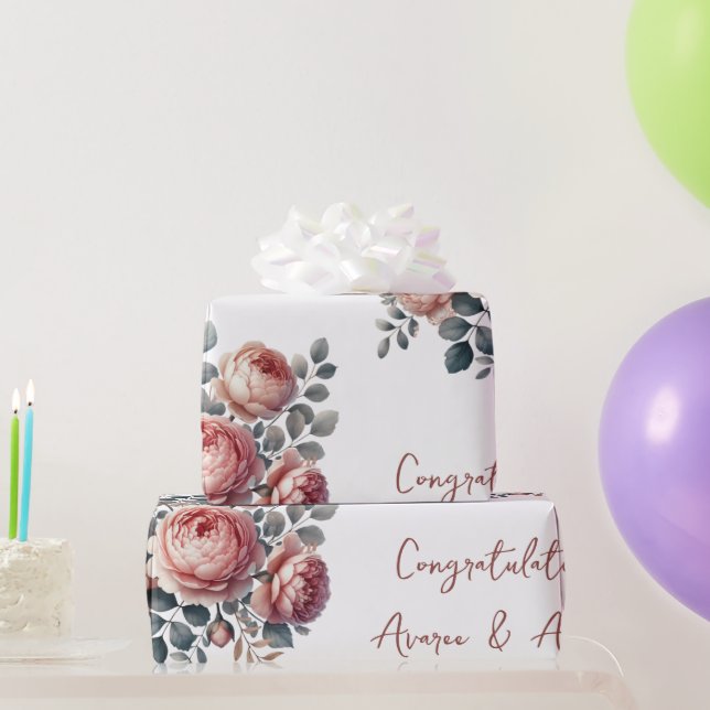 Peach Peonies On White Personalised Wedding/Shower Wrapping Paper (Party Gifts)