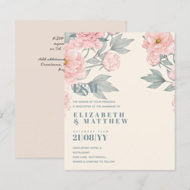 Peach Peonies Sage Floral Budget Wedding (Front/Back)
