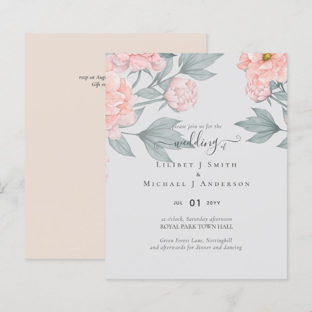Peach Peonies Sage Floral Budget Wedding (Front/Back)