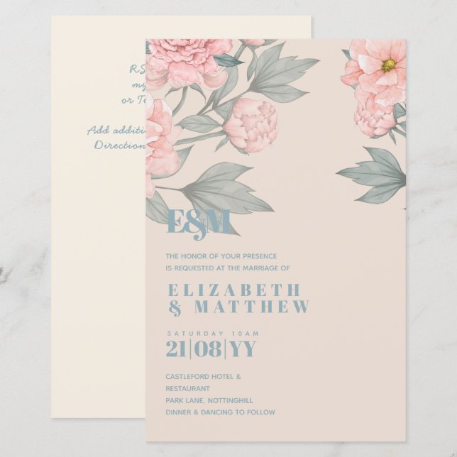Peach Peonies Sage Floral Budget Wedding (Front/Back)