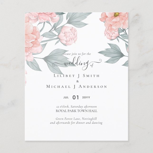 Peach Peonies Sage Floral Budget Wedding Flyer (Front)
