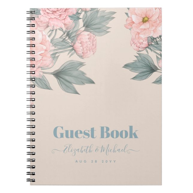 Peach Peonies Sage Floral Budget Wedding Notebook (Front)