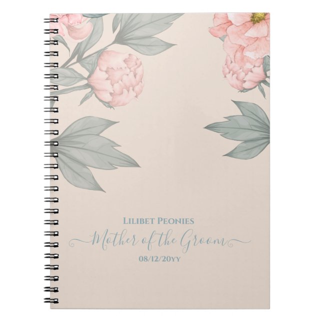 Peach Peonies Sage Floral Budget Wedding Notebook (Front)