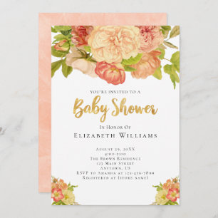 Peach Peonies Watercolor Flowers Girl Baby Shower Invitation
