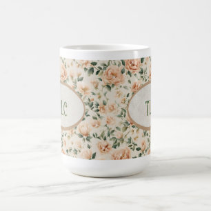 Peach Peony and Sparkles Watercolor Monogram Coffee Mug