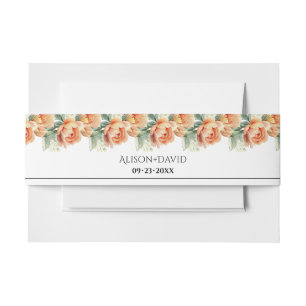 Peach peony flowers and leaves floral wedding invitation belly band