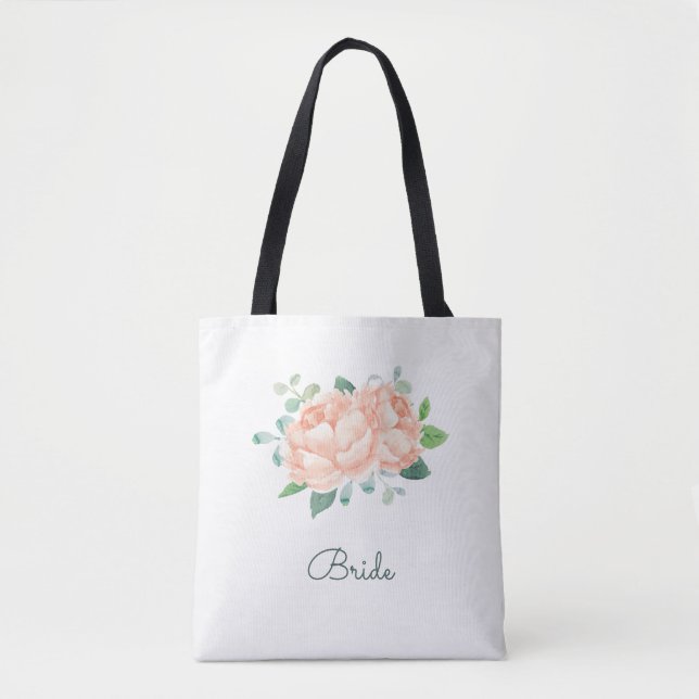 Peach Peony Flowers Bridal Tote Bag (Front)