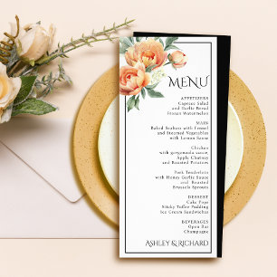 Peach peony flowers floral wedding menu card