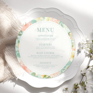 Peach Peony Flowers Mint Wedding Round Flat Menu