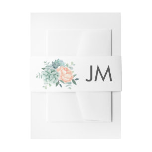 Peach Peony Flowers Succulents Wedding Monogram Invitation Belly Band