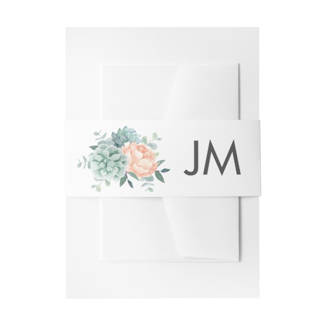 Peach Peony Flowers Succulents Wedding Monogram Invitation Belly Band (Front Example)