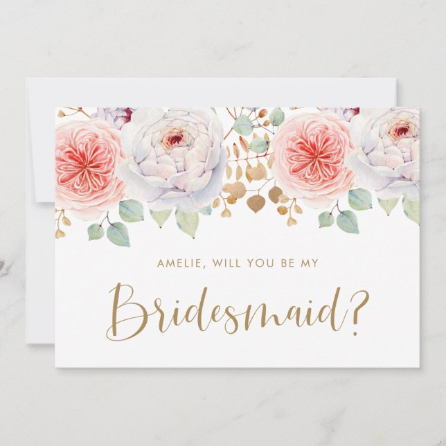 Peach Peony Gold Leaves Will You Be My Bridesmaid (Front)