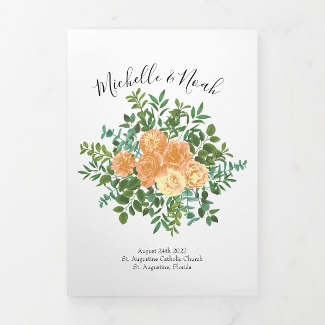 Peach Peony & Rose Floral Wedding Programs Tri-Fold Programme (Cover)