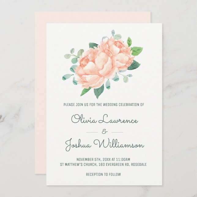 Peach Peony Watercolor Wedding Invitations (Front/Back)