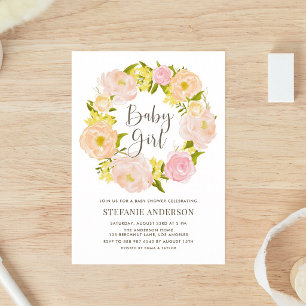 Peach Peony Wreath Girl Baby Shower Invitation