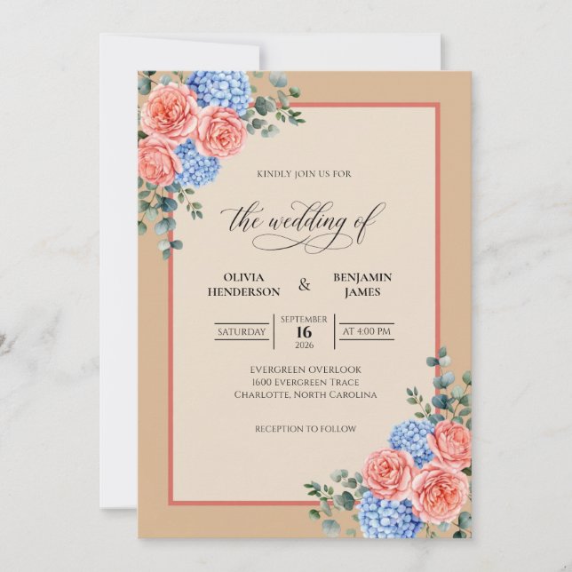Peach Periwinkle Hydrangea Eucalyptus Wedding Invitation (Front)