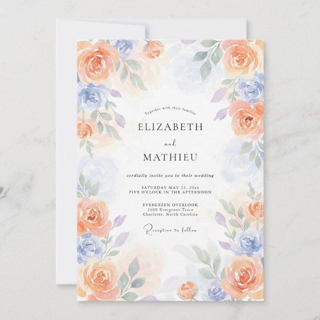 Peach Periwinkle Poetic Springtime Wedding Invitation (Front)