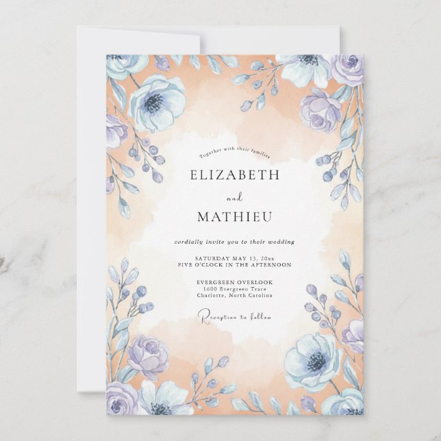 Peach Periwinkle Wildflower Wedding Invitation (Front)
