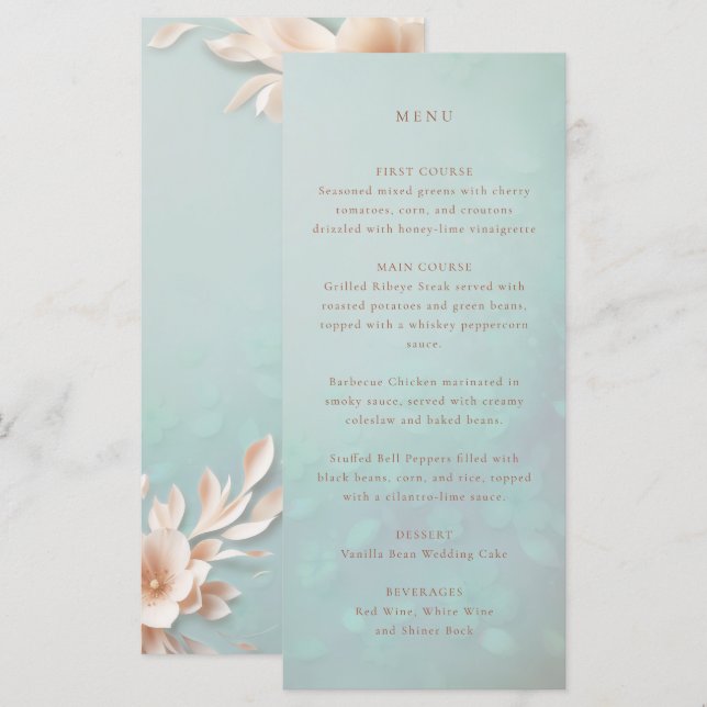 Peach petals aqua wedding menu (Front/Back)