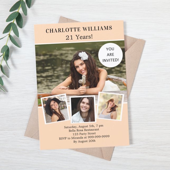 Peach photo collage luxury birthday invitation (Creator Uploaded)
