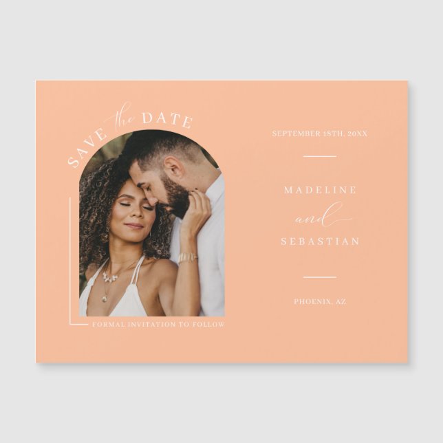 Peach Photo Save the Date Magnetic Card (Front)