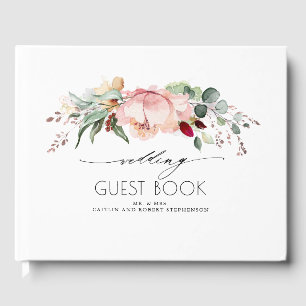 Peach Pink and Burgundy Blooms Wedding Guest Book