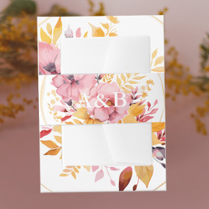 Peach Pink and Golden Yellow Monogram Wedding Invitation Belly Band