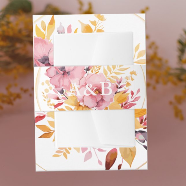 Peach Pink and Golden Yellow Monogram Wedding Invitation Belly Band (Creator Uploaded)