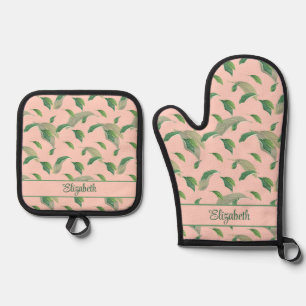Peach Pink and Green Leaves Custom Name Oven Mitt & Pot Holder Set