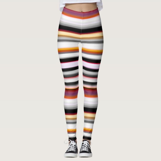 Peach, pink and Grey Abstract Stripes Leggings (Front)