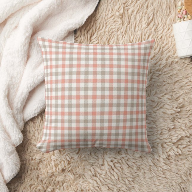 Peach Pink and Grey Buffalo Plaid Style  Cushion (Blanket)