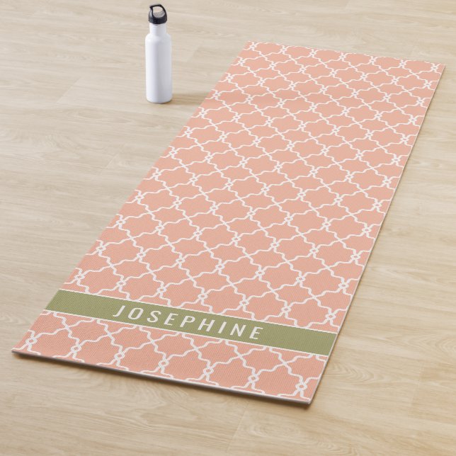 Peach Pink And Olive Green Trellis Pattern Yoga Mat (In Situ)