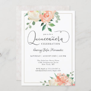 Peach Pink and White Elegant Quinceanera Party Invitation