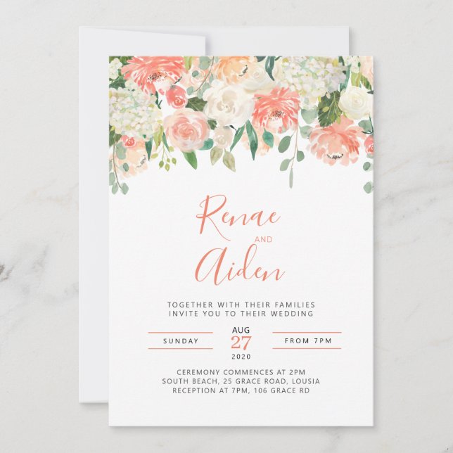 Peach Pink and white floral wedding invitation (Front)