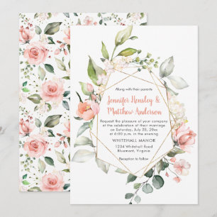 Peach Pink and White Roses Gold Geometric Frame Invitation