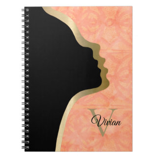 Peach Pink Batik Black And Gold Face Name Notebook