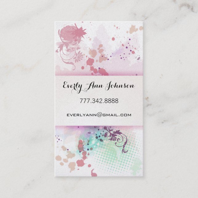 Peach Pink Blue Green Paint Splat Design or Artist Business Card (Front)