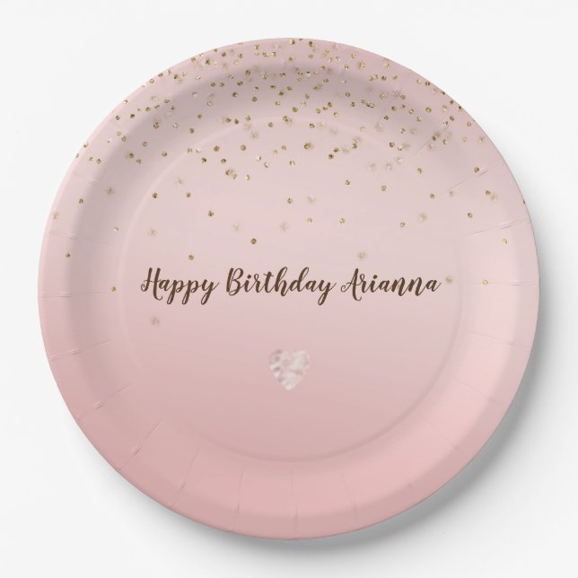 Peach Pink Blush Gold Glitz Confetti Sparkle Heart Paper Plate (Front)