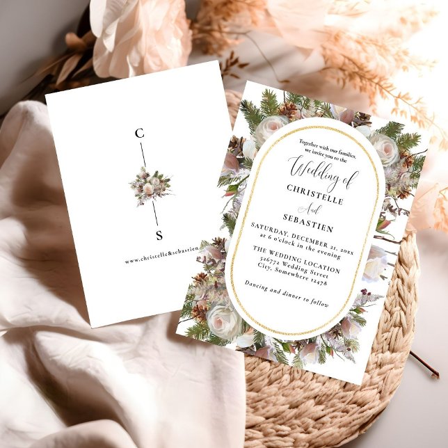 Peach Pink Boho Watercolor Winter Floral Wedding  Invitation (Creator Uploaded)