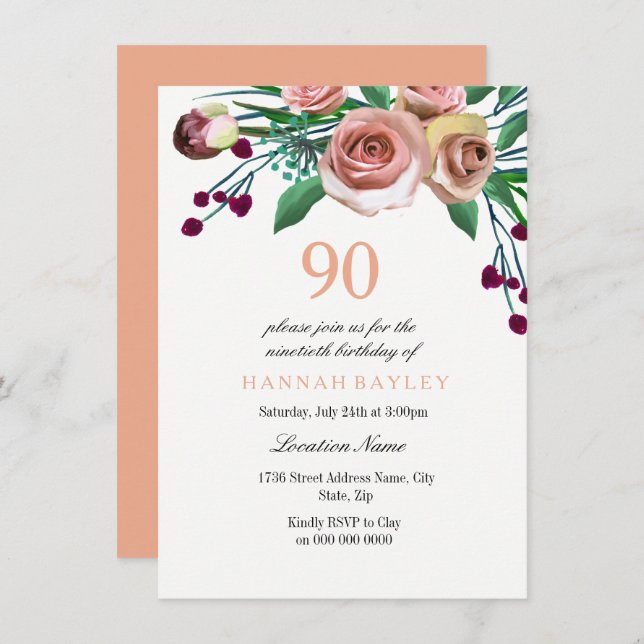Peach Pink Burgundy Rose 90th Birthday Invitation (Front/Back)