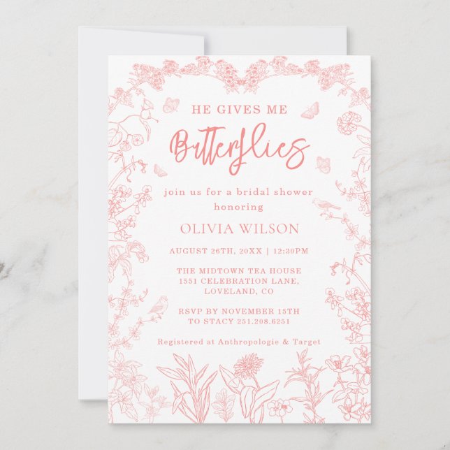 Peach Pink Butterflies Chinoiserie Bridal Shower Invitation (Front)